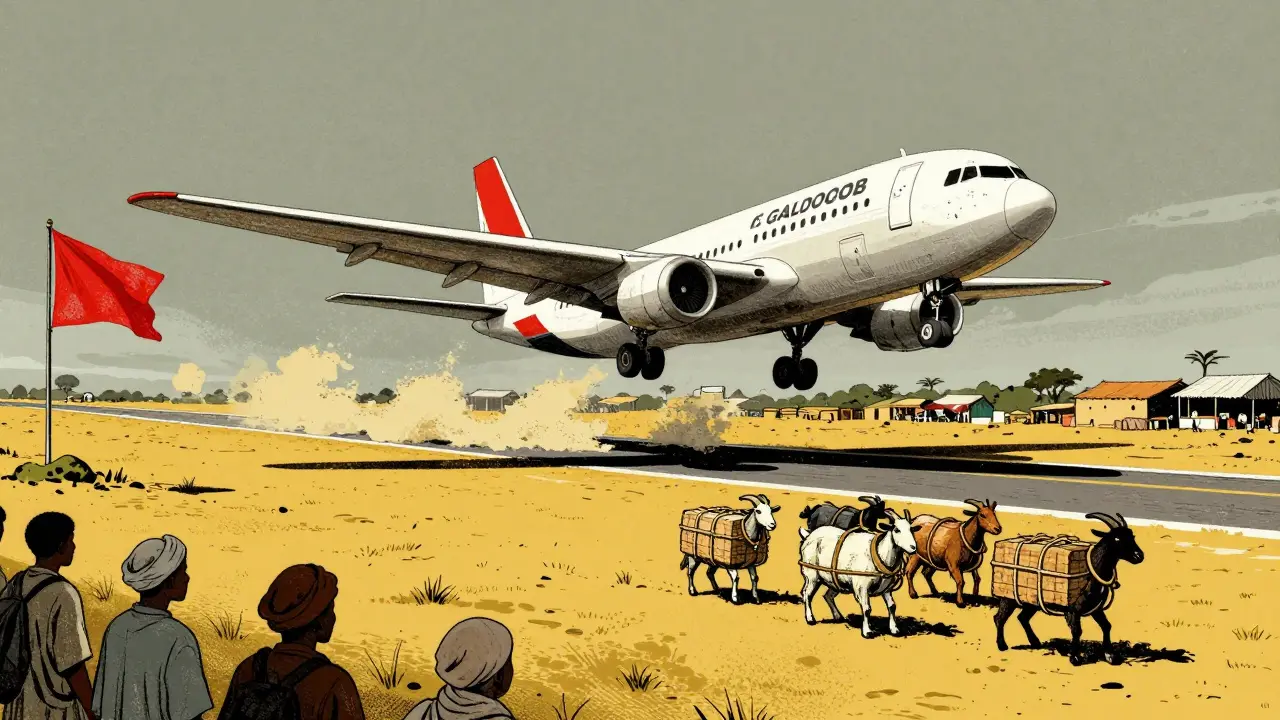A cargo plane taking off from Galdogob Airport carrying live goats, with herders watching as dust swirls around the runway.