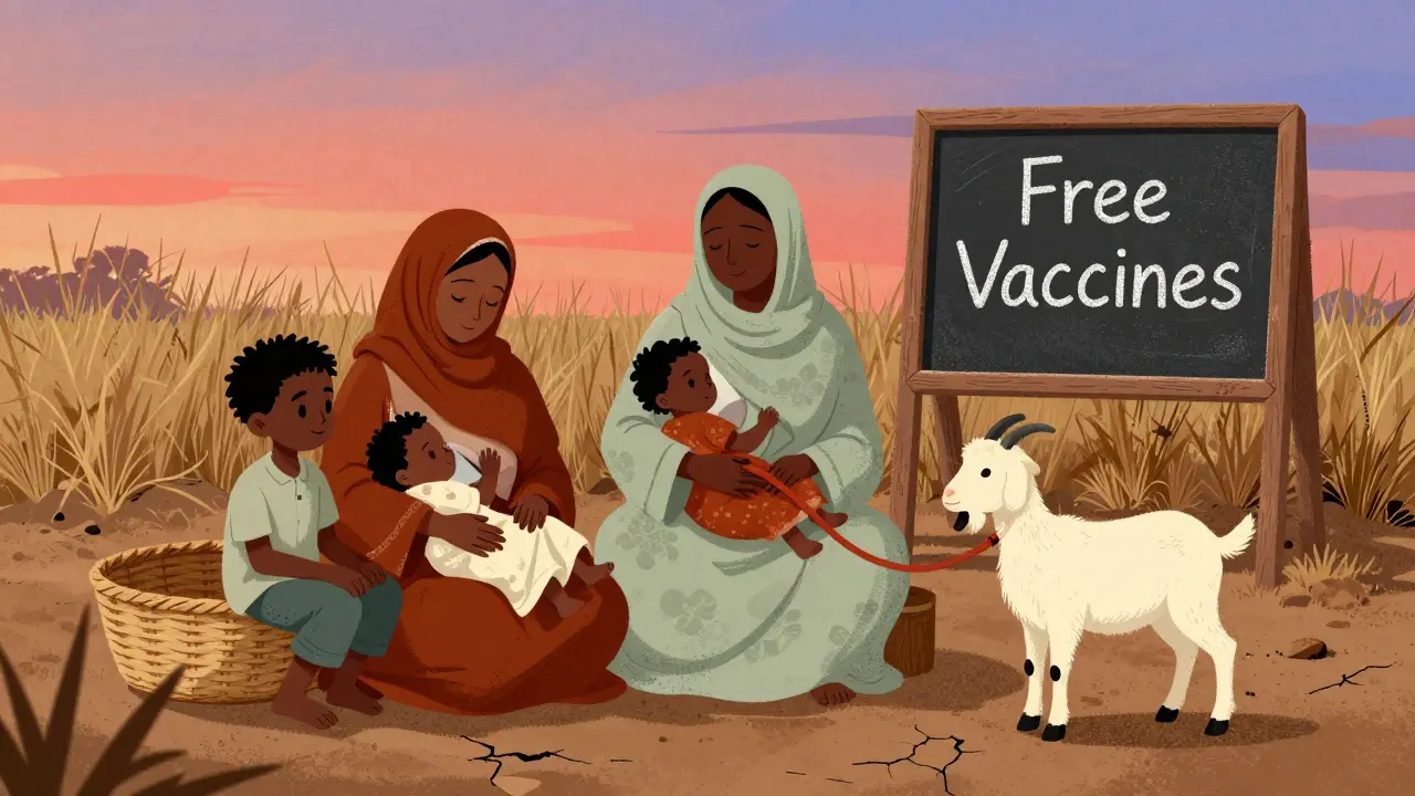 A displaced family outside a clinic at sunset, a mother nurses her child while her son holds a goat, under a fading coral sky.