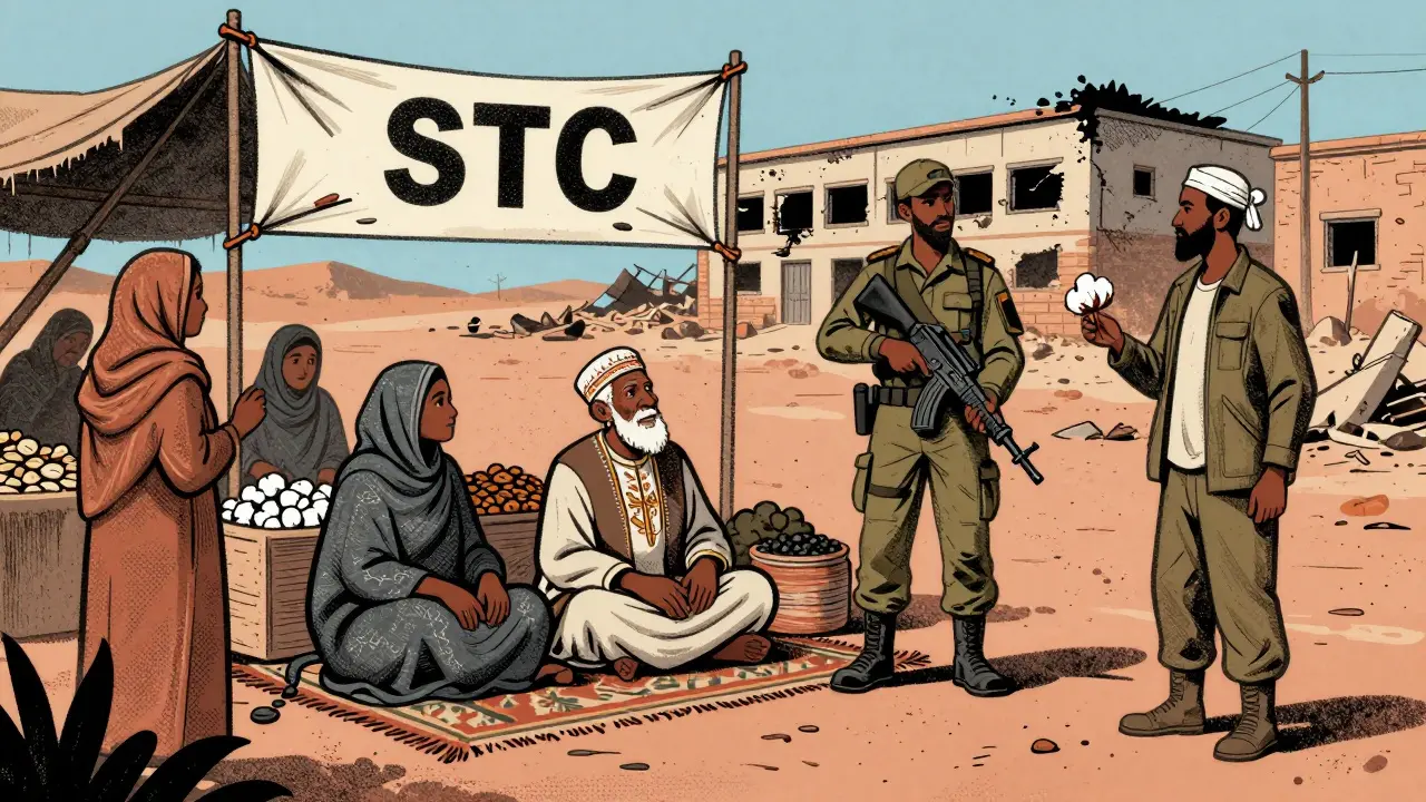 A dusty marketplace in Zinjibar with women selling goods, a tribal elder mediating, and a bombed school in the background.