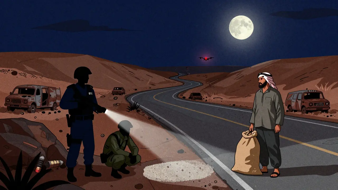 Nighttime standoff on the al-Halhal road with STC, AQAP, and a farmer under a moonlit drone glow.