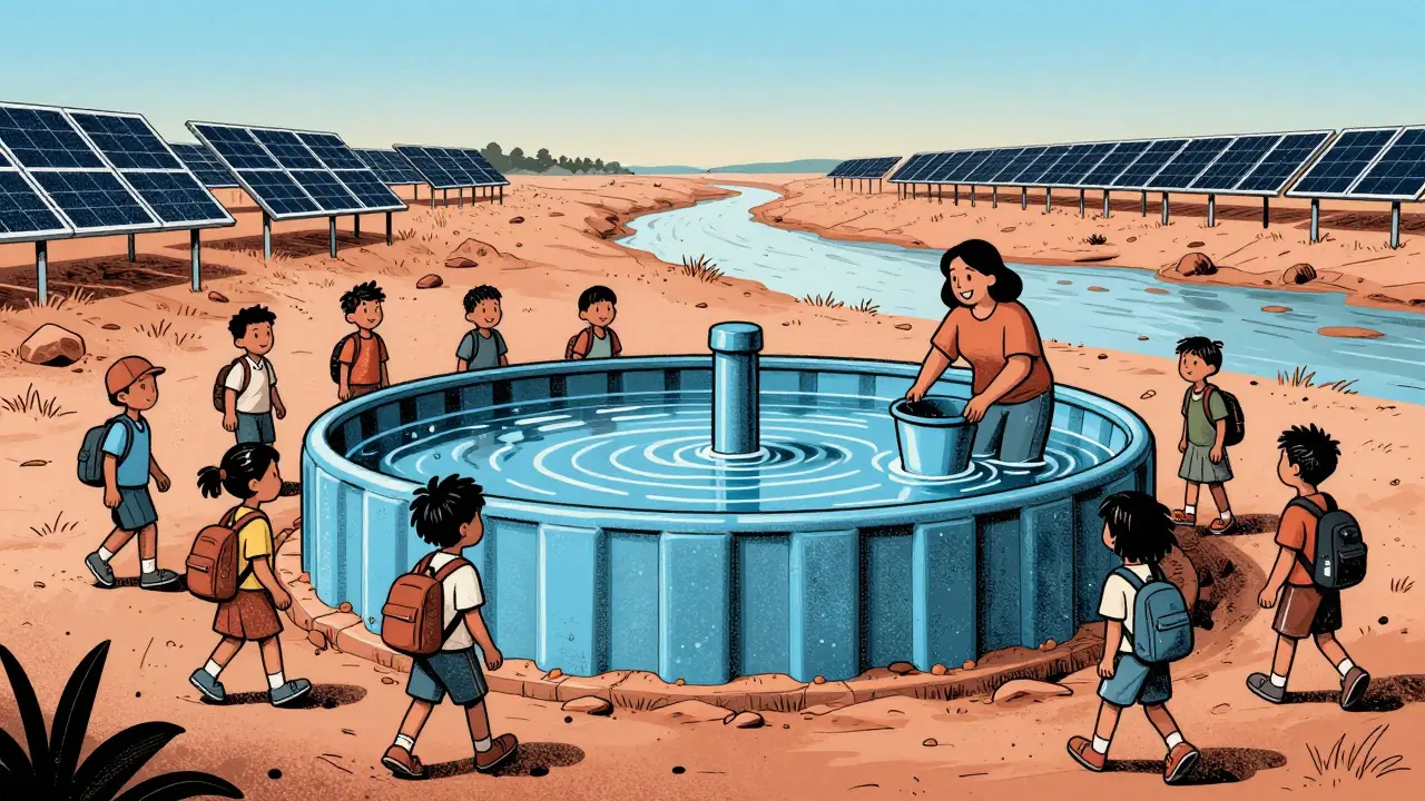 Community water reservoir with children walking to school and solar panels on rooftops.