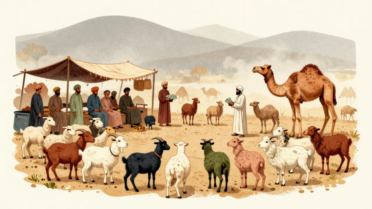 Livestock market in Gerisa with goats, sheep, and camels being traded by local traders.