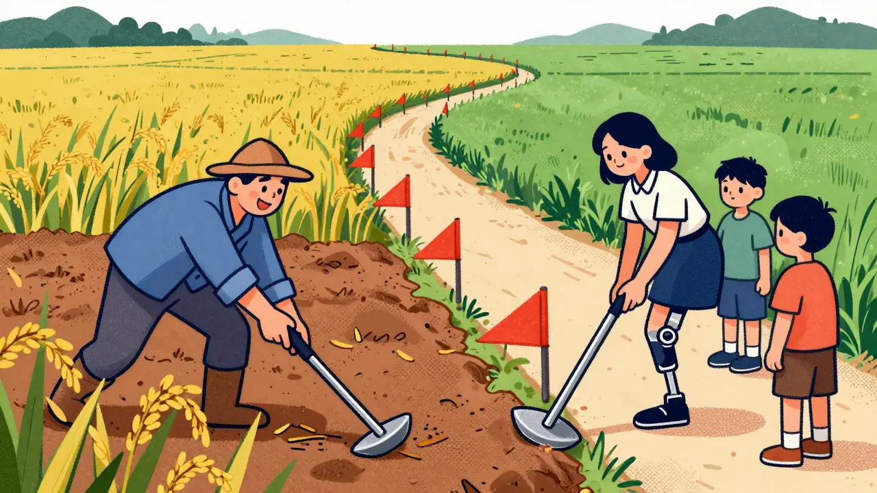 A farmer harvests rice and a woman teaches children to detect mines, connected by a path where warning flags fade into green fields.