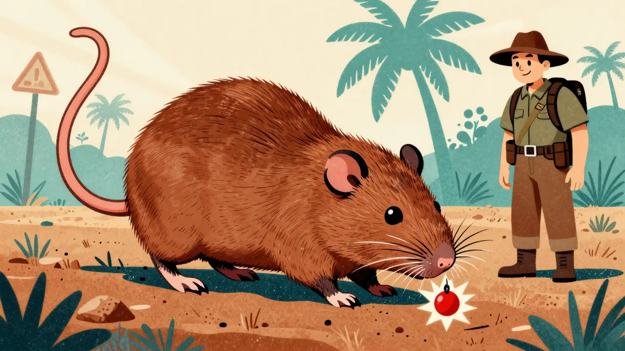 A giant rat sniffs out a landmine as a deminer watches, surrounded by warning signs and palm trees.