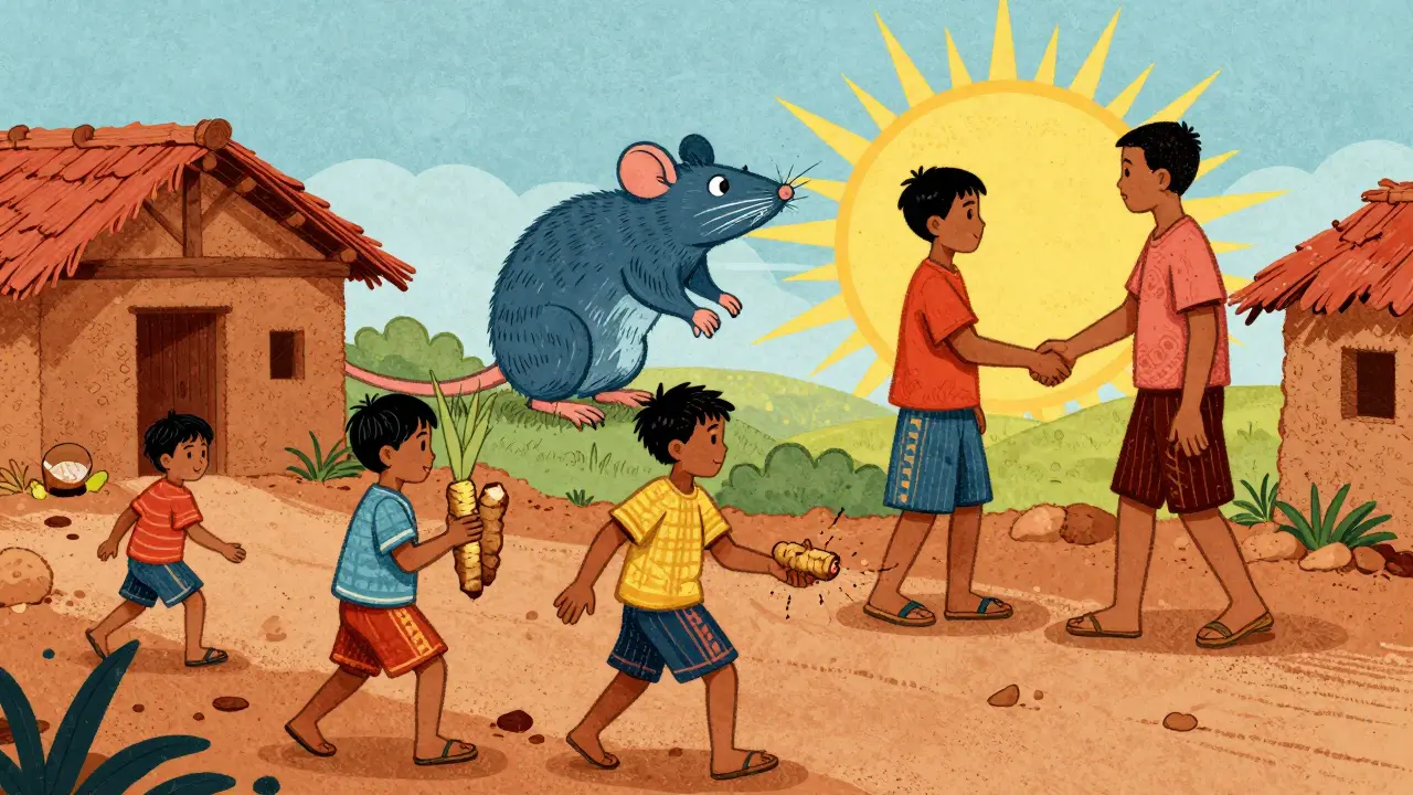 Children play near a cleared path with a mural of a rat and deminer shaking hands under a sun.