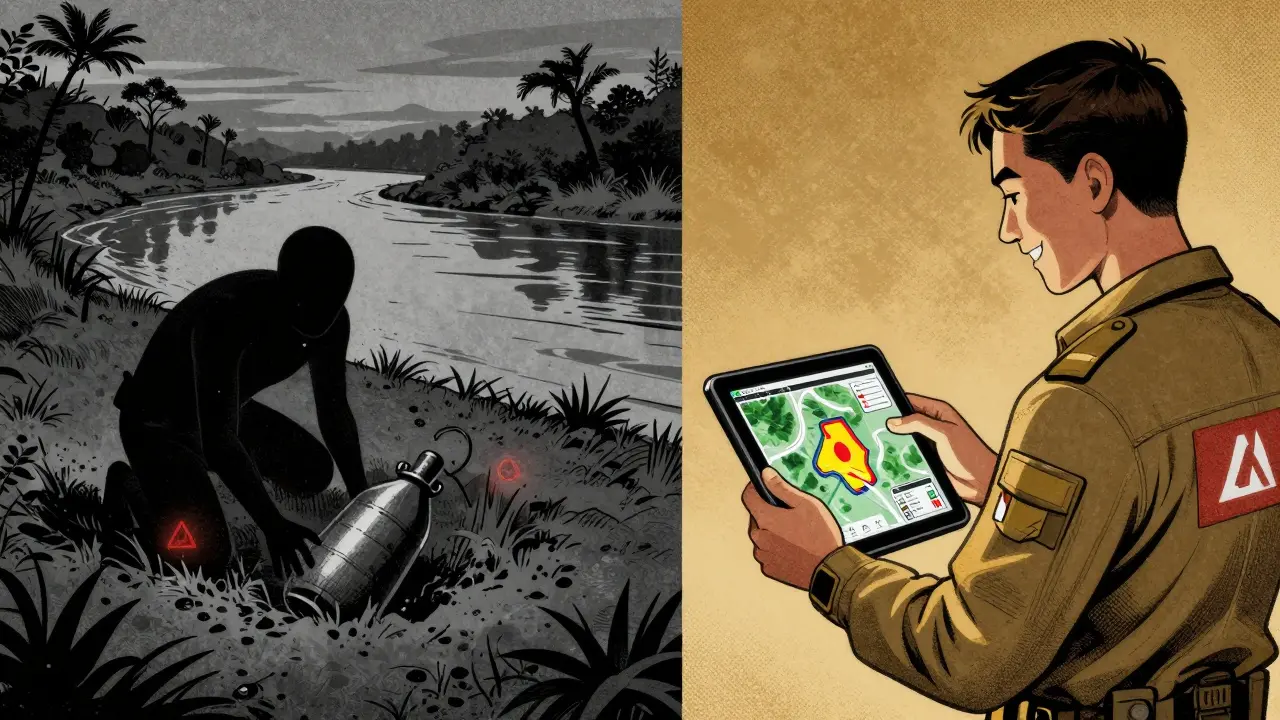 Split image: one side shows a hidden landmine being buried, the other an AI map guiding clearance.