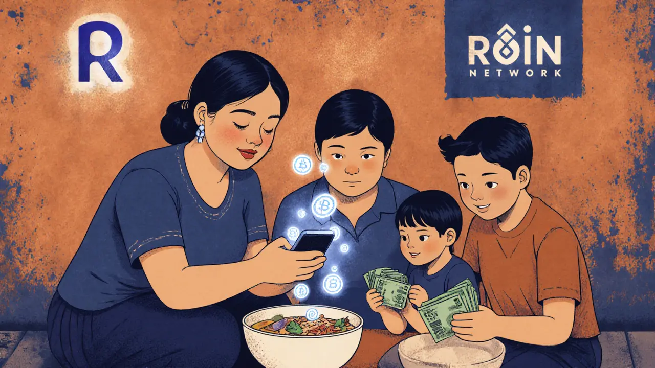 A family in rural Vietnam plays a blockchain game on a smartphone, earning crypto while traditional money sits nearby.