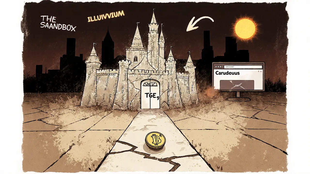 A ghostly metaverse castle fading away as a lone CMP token rolls toward a closed door, while other projects glow nearby.