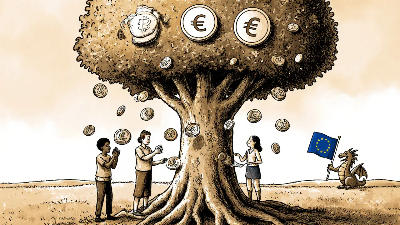 Crypto tree growing from a smartphone, people collecting Euro coins, regulatory dragon in background.