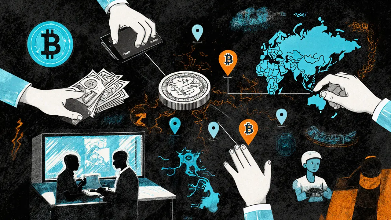 Hidden digital bridges connect cash stores to global crypto networks, with developers and global users linked by invisible pathways.