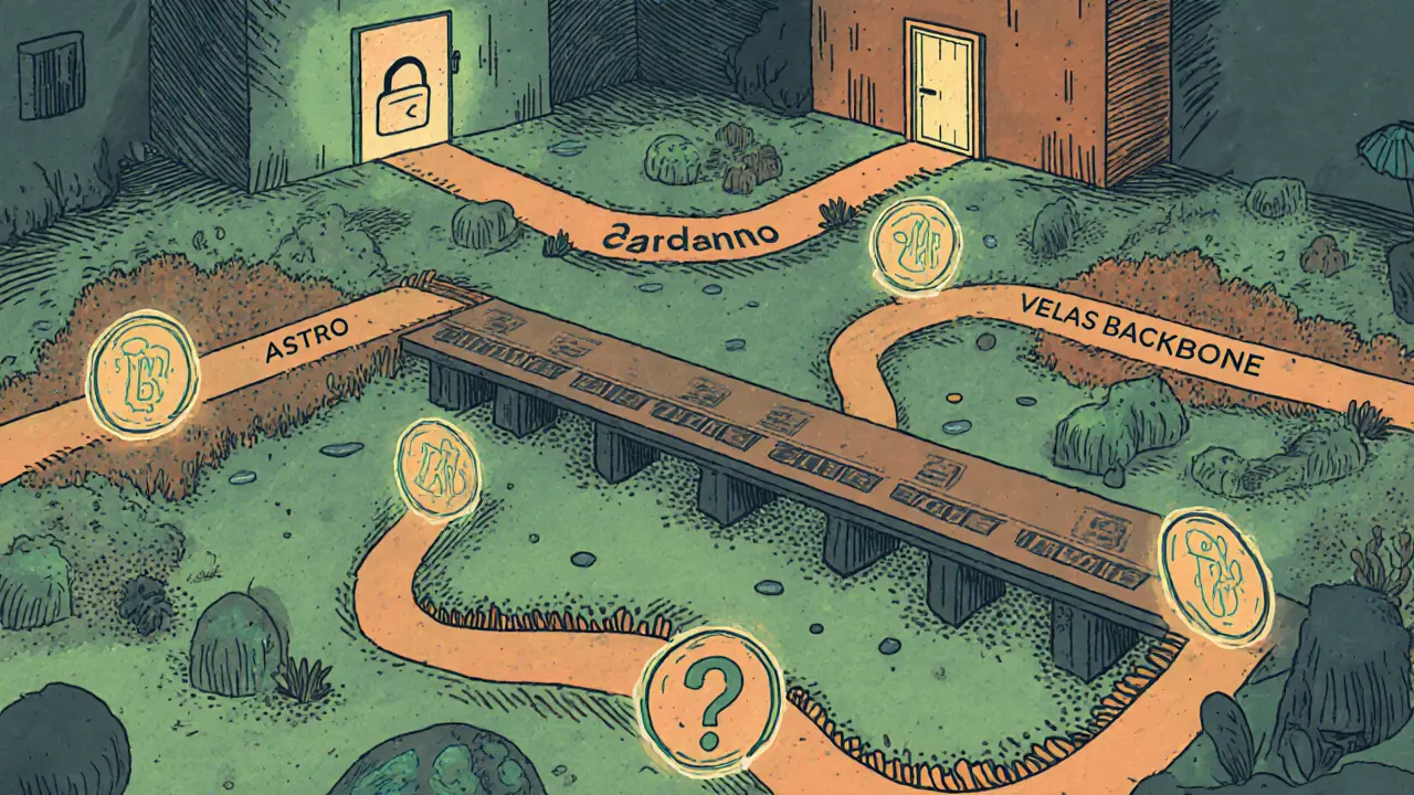 Map of AstroSwap&#039;s ecosystem with pathways to mobile app, Velas backbone, and anonymous team in stylized risograph art.