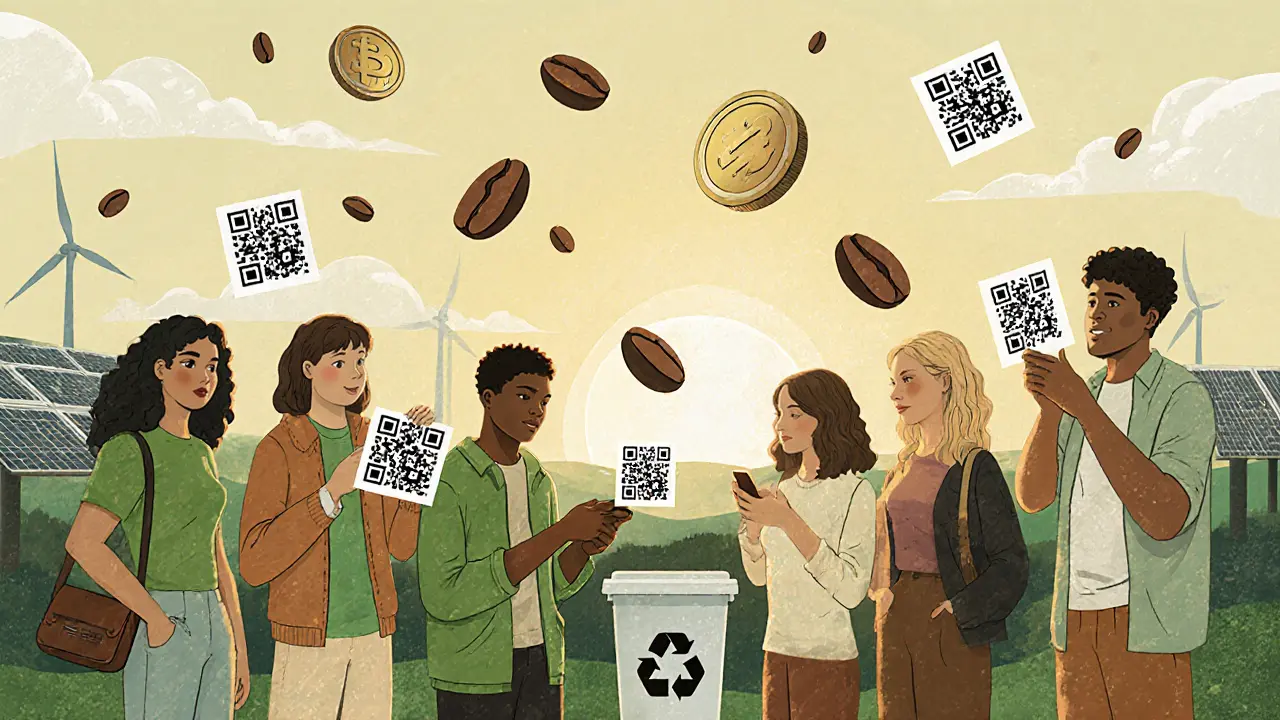 People scanning QR codes on coffee and recycling bins, with floating carbon credit tokens rising into a sustainable cityscape.