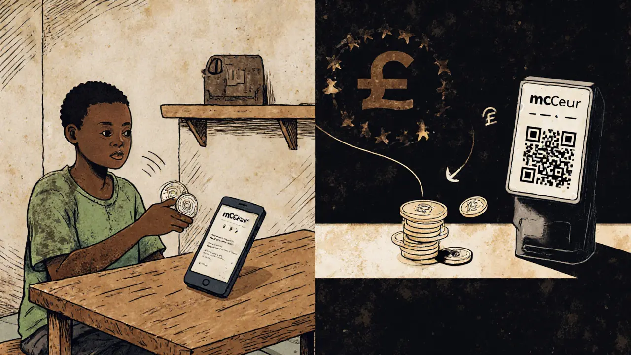 Split scene: rural phone sending mCEUR to European merchant terminal, stylized with risograph textures.