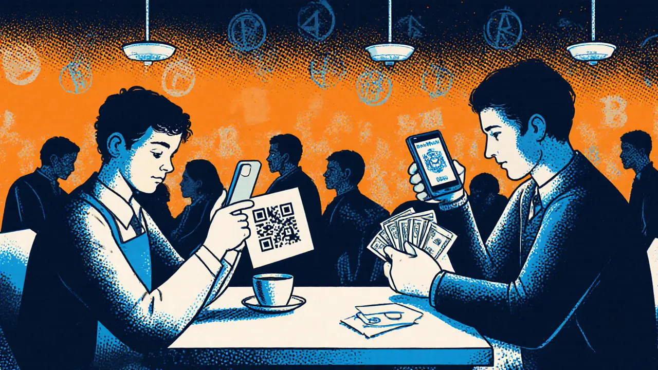 Two people secretly exchanging cash for crypto in a café, surveillance cameras watching overhead.