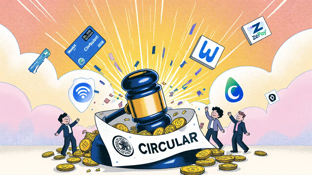 A gavel made of blockchain blocks destroys an RBI circular, freeing crypto businesses.