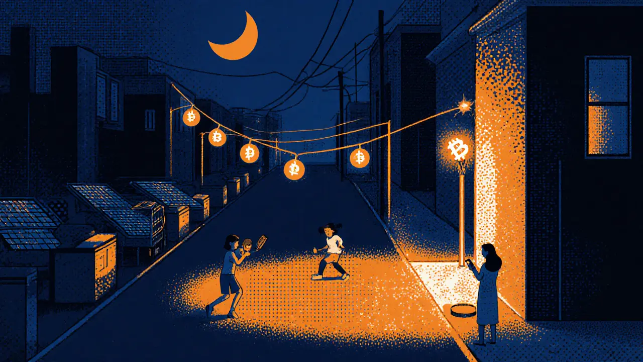 A lit neighborhood microgrid powers homes during an outage, with community members using clean energy.