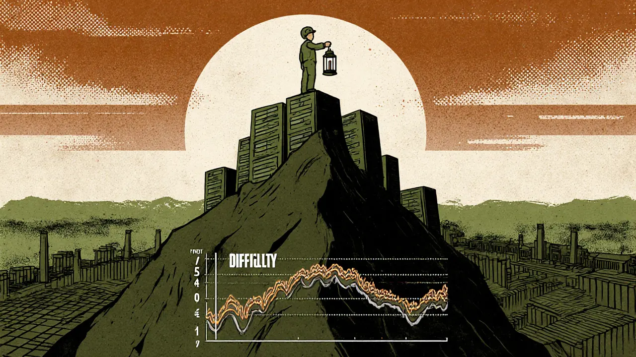 A miner stands atop a mountain of Antminers while difficulty rises and falls like waves beneath a rising sun, rendered in muted risograph colors.