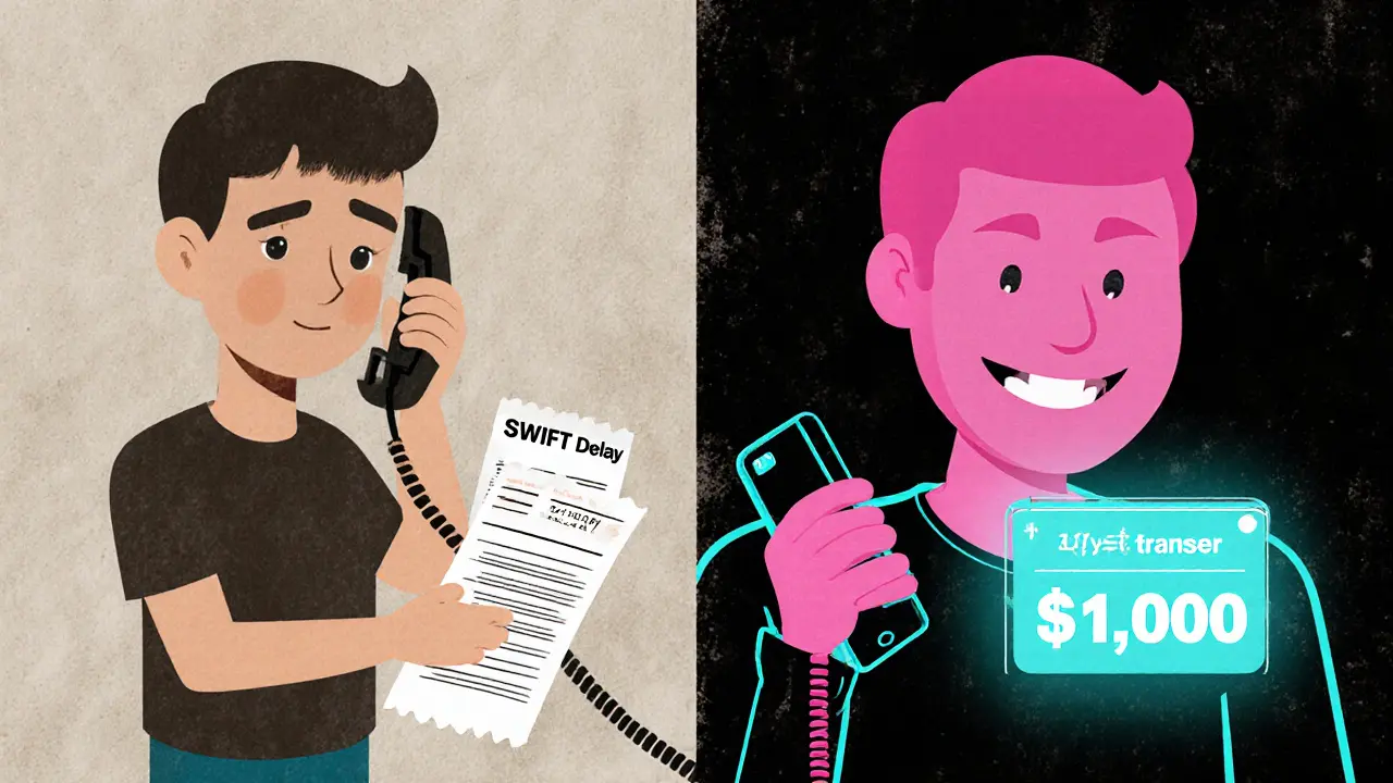 A person compares slow traditional banking with fast blockchain transfer on a glowing phone screen in stylized risograph art.