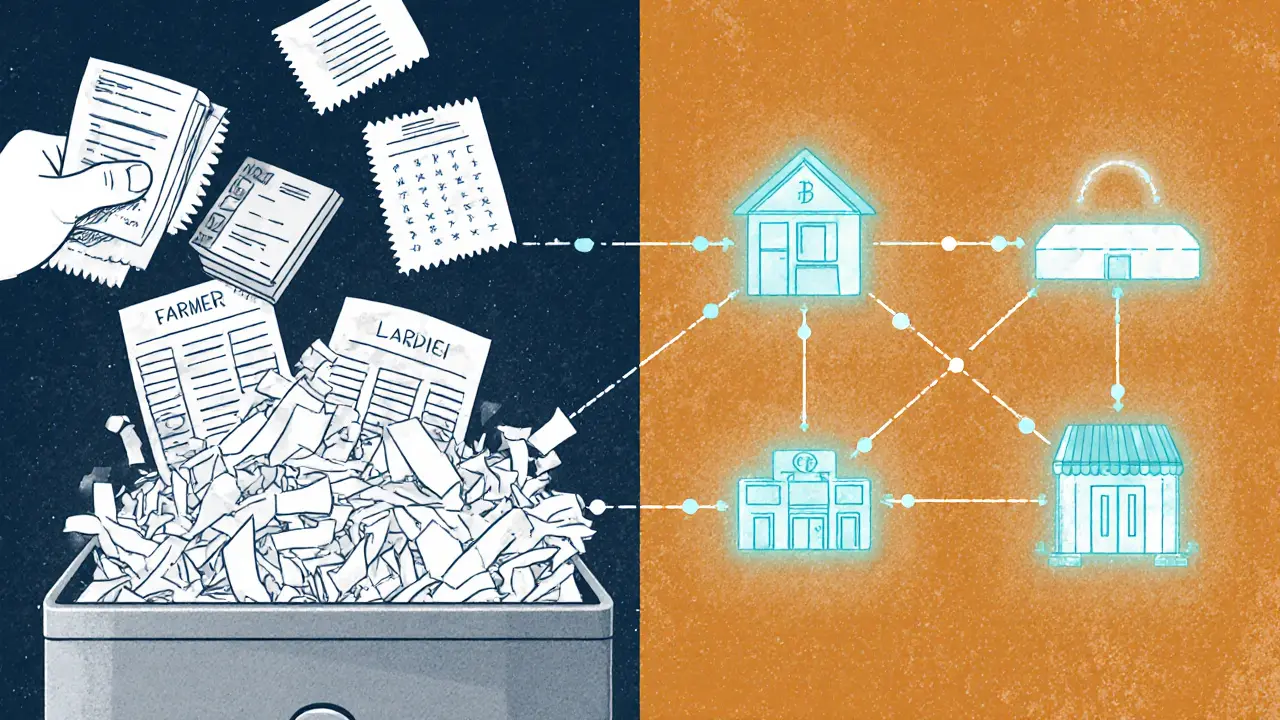 A split scene: paper receipts shredding on one side, a glowing blockchain network connecting supply chain steps on the other.