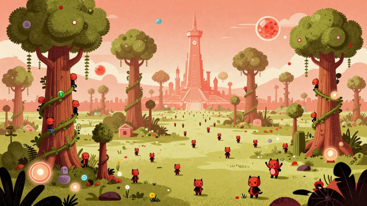 A vibrant Metamon game world with players climbing Potion NFT vines toward a blockchain tower.