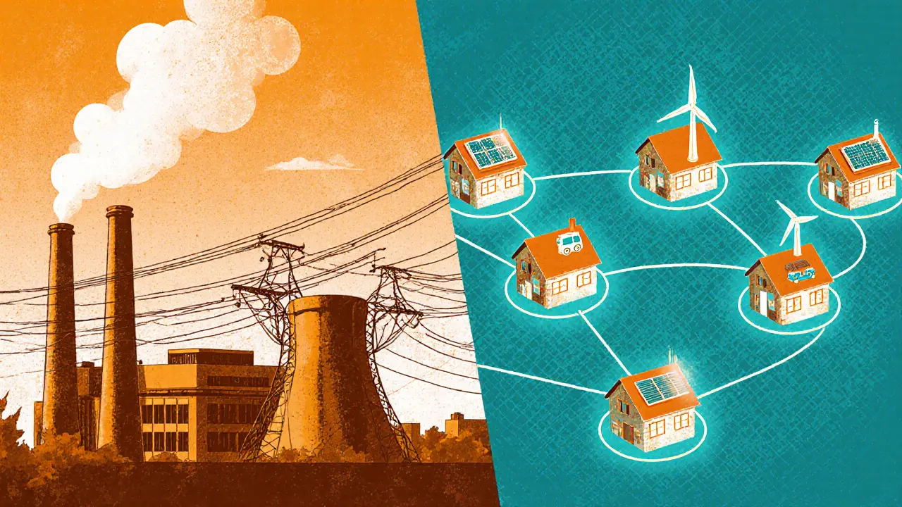 Contrast between centralized power plant and decentralized neighborhood energy grid in risograph art.