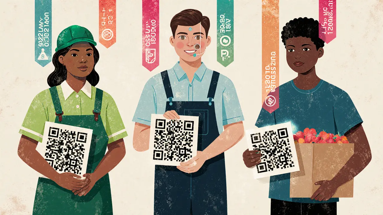 Diverse people holding QR codes that display blockchain data streams like fair wages and carbon footprint in vintage risograph style.
