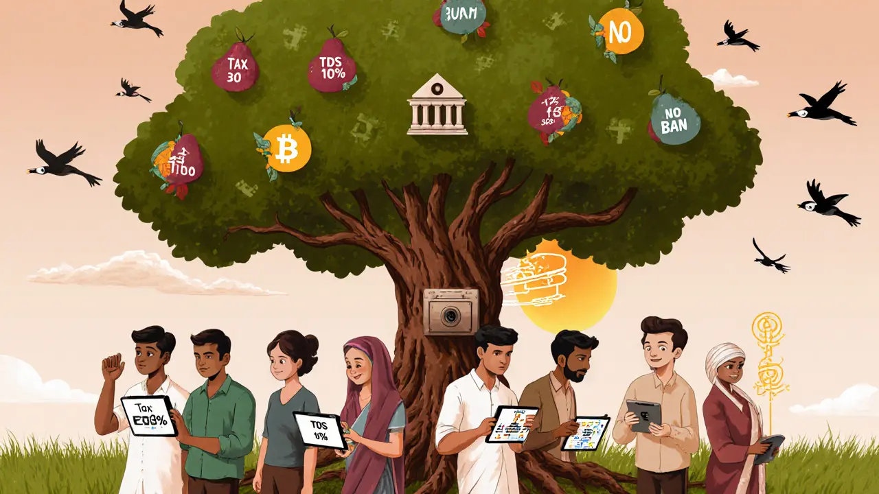 Indian innovators use crypto and blockchain tech under a tree with tax-fruited branches.