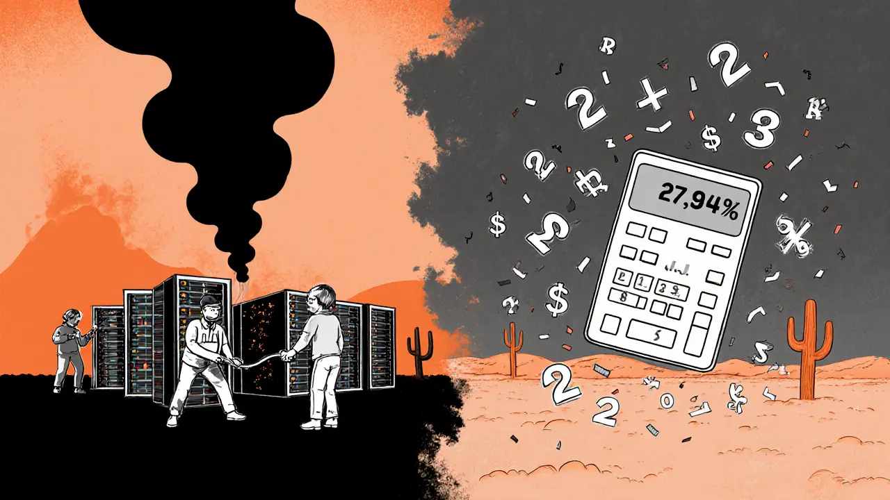 Miners unplugging rigs in China as a calculator computes a steep difficulty drop, shown in stylized risograph split-screen.