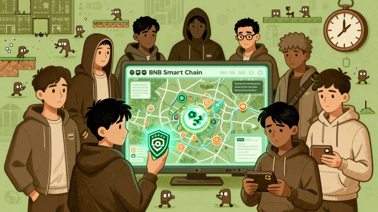 Players around a holographic BNB Chain map, one holding a rare Prime Badge, others grieving lost airdrops.