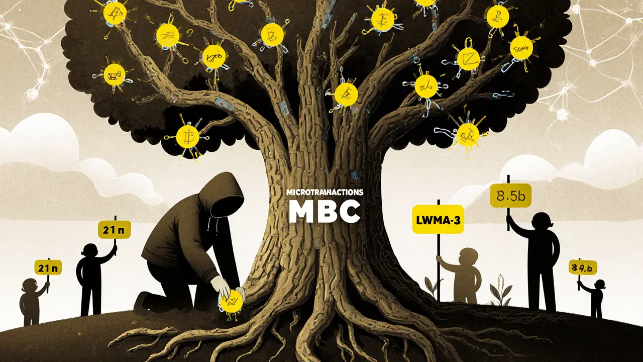 Tree with blockchain roots and microtransaction flowers, person planting MBC seed
