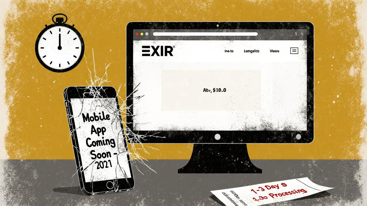 A broken phone with a 2021 app promise next to a desktop computer and a slow wire transfer receipt.