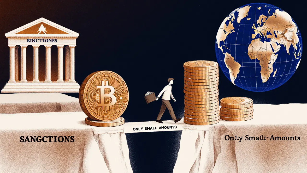 A fragile coin bridge over sanctions, one person crossing cautiously with a small wallet.