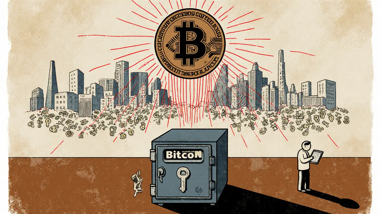 A giant WBTC token casts a shadow over a DeFi city, with a single vault holding all Bitcoin keys.
