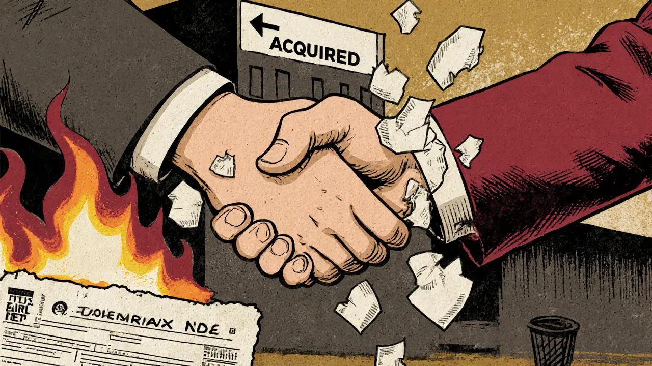 A handshake made of paper dissolving, unvested tokens falling away as a company is acquired.