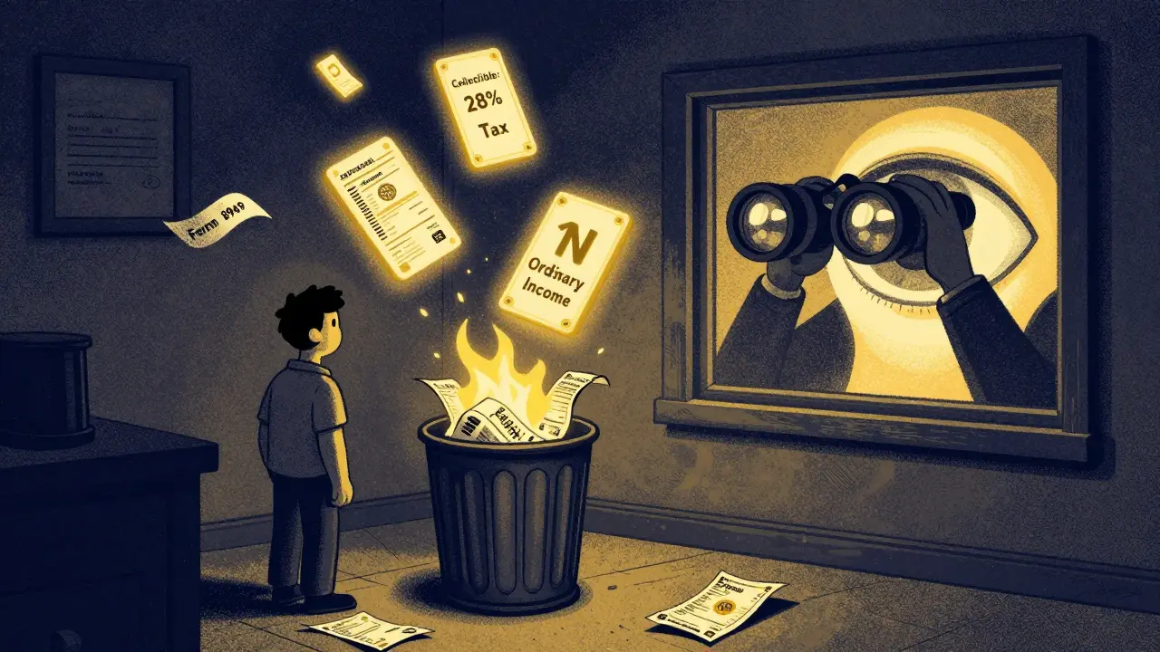 A person burning crypto receipts while NFTs float above, watched by an IRS eye through a window.