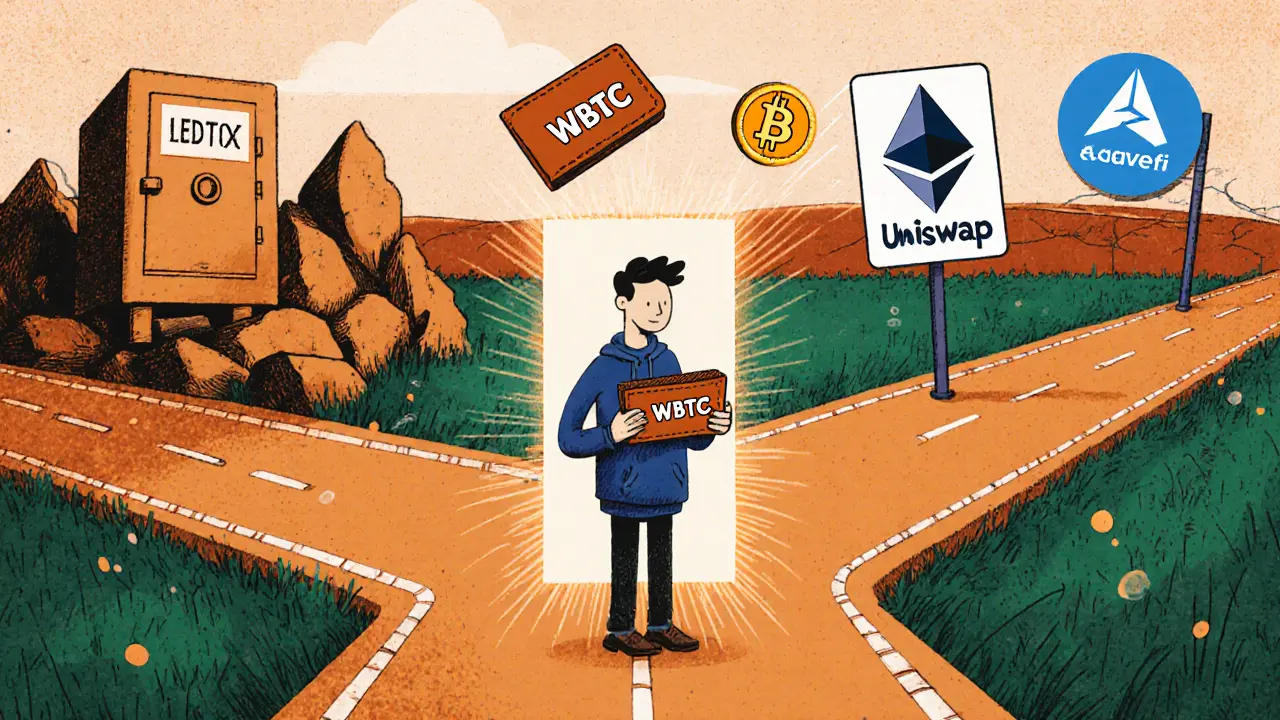 A person choosing between Bitcoin and Ethereum paths, with WBTC floating toward DeFi apps.