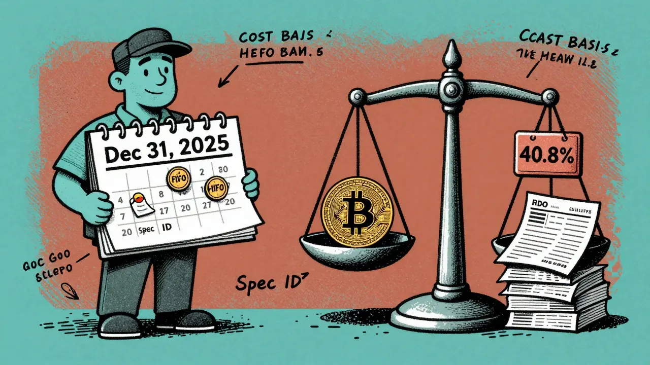 A trader balancing different crypto tax methods on a scale against tax forms and a 40.8% rate sign.