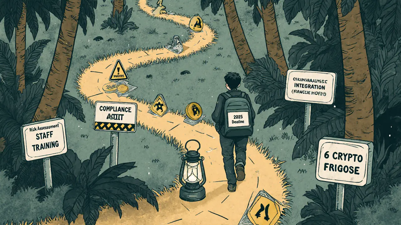 Compliance roadmap path through crypto jungle with warning signs in risograph style
