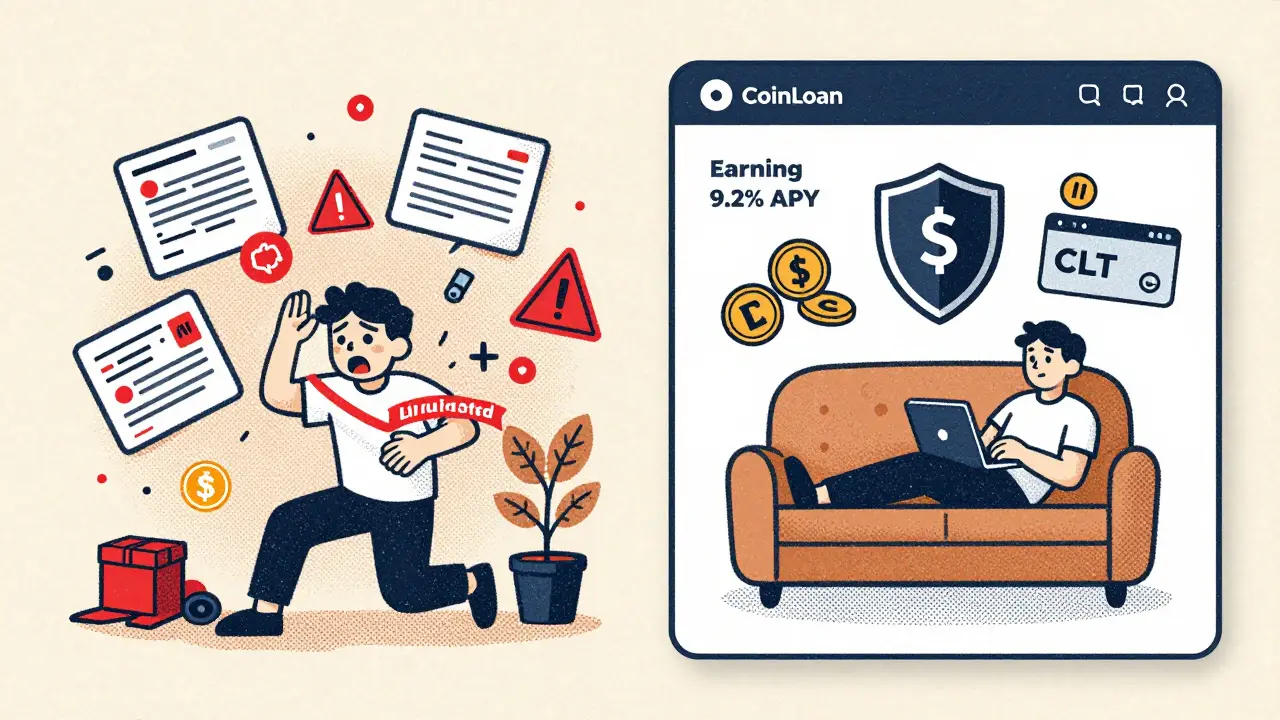 Contrast between chaotic DeFi liquidation and calm CoinLoan interest earnings with insurance shield and CLT discount badges.