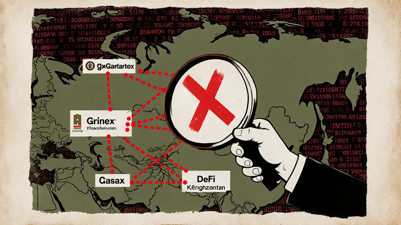 Shadowy figure tracing sanctioned network links on a blockchain map in risograph style
