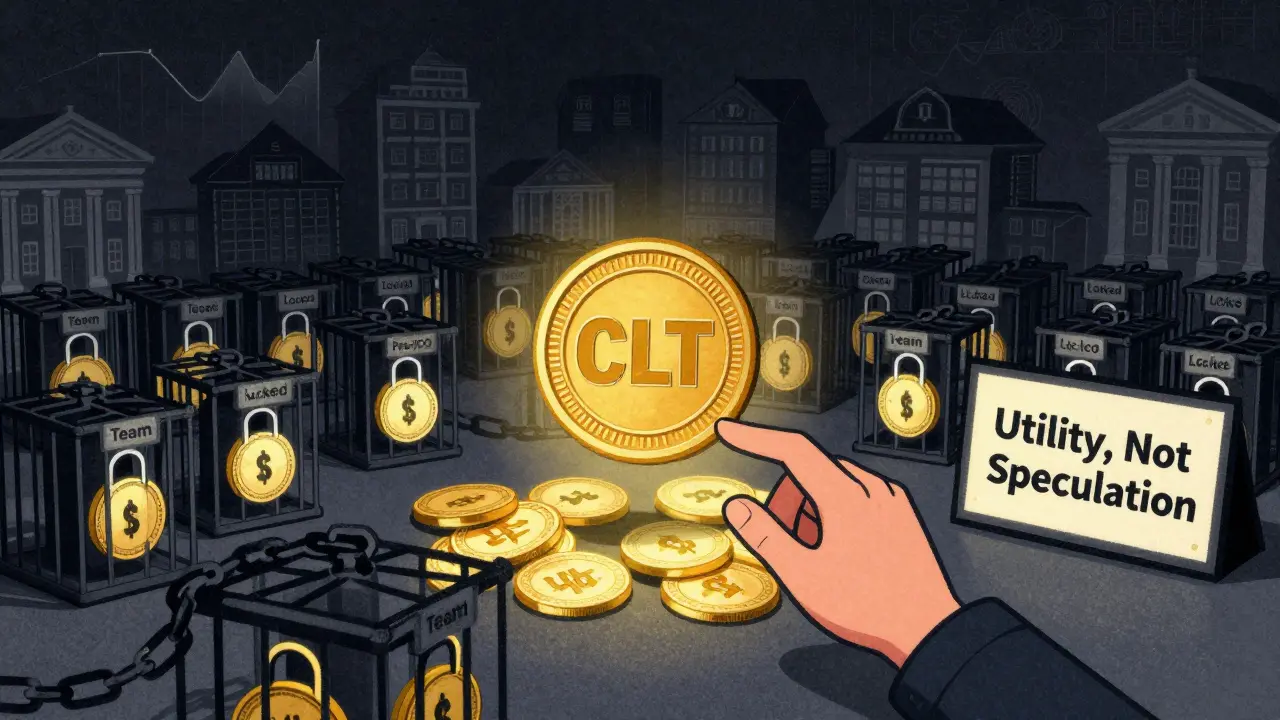 Single glowing CLT token among millions of locked tokens, symbolizing utility over speculation in risograph illustration.