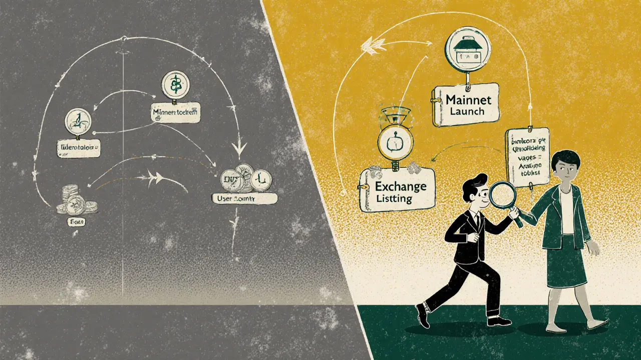 Two vesting paths shown side by side: time-based monthly tokens vs milestone-based unlocks with icons.