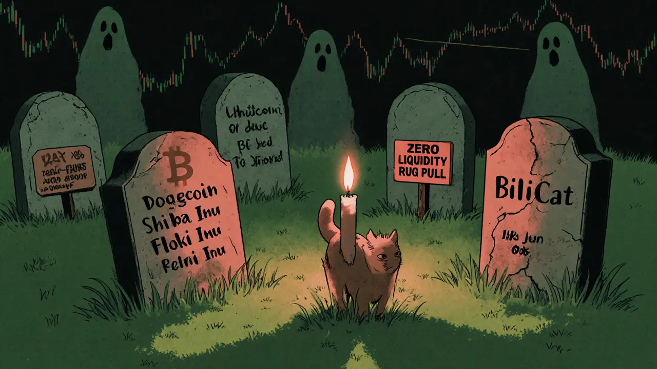 A graveyard of failed crypto tokens includes a cracked tombstone for BilliCat overgrown with weeds.