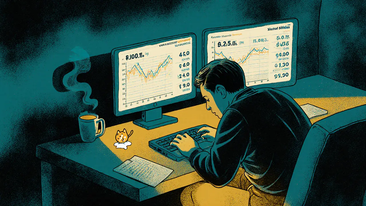 A lone trader stares at conflicting BilliCat price charts on multiple screens in a dim room.