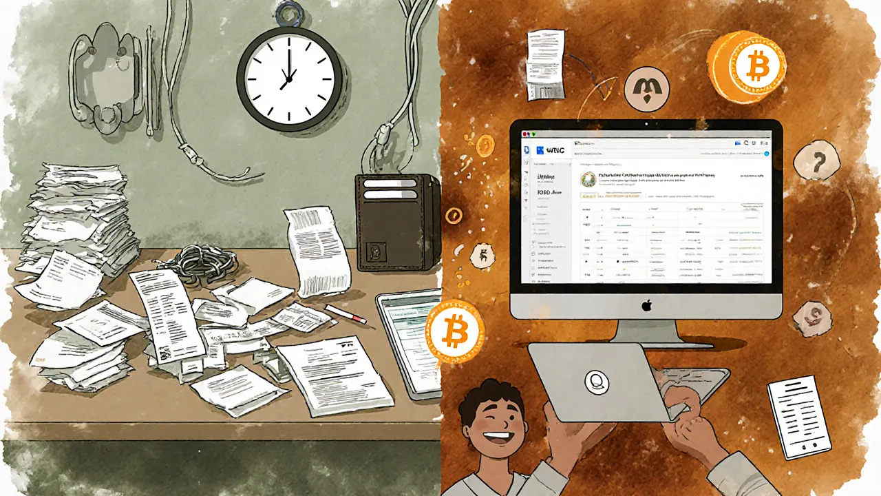 Contrast between slow traditional donations and instant crypto transfers, illustrated in textured risograph tones.