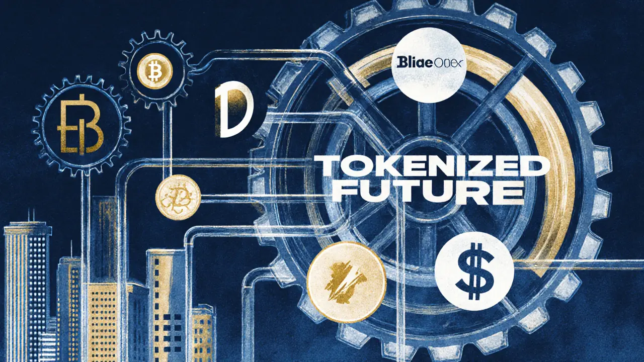 Giant gear mechanism symbolizing tokenized finance with major institutions powering digital asset flows through transparent pipes.