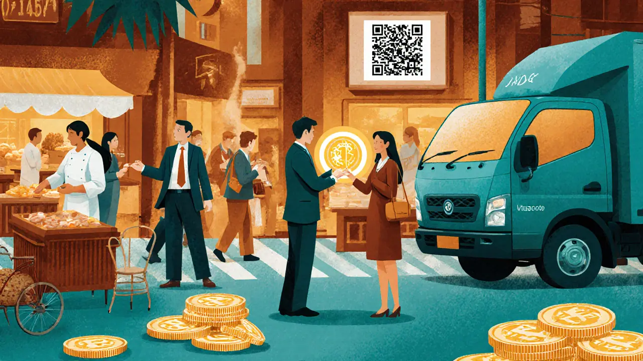 Singapore street market where people use stablecoins to pay for food, travel, and goods in a vibrant urban scene.
