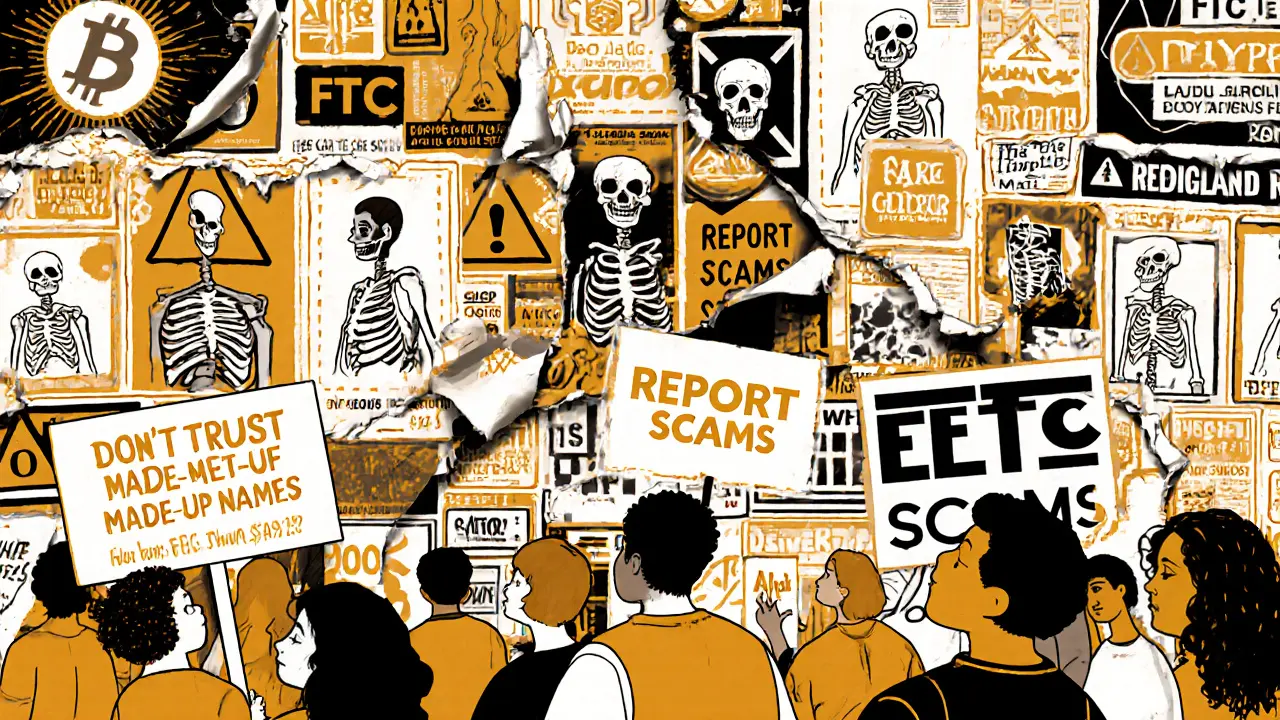 A crowd holds warning signs as fake crypto ads peel away to reveal skeletons underneath.