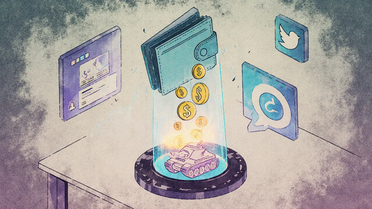 A digital wallet releasing $PLACE tokens that form a glowing tank NFT amid social media icons.