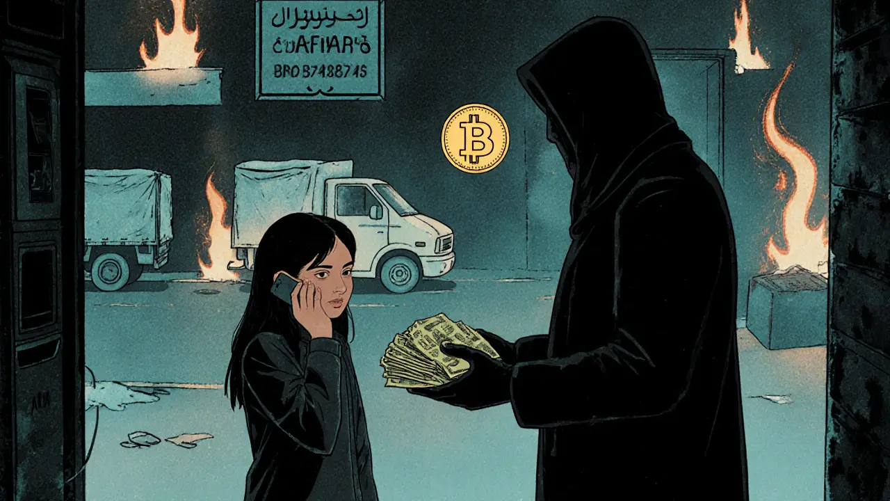A girl trades crypto for cash in a dark alley as symbols of broken systems loom behind her.
